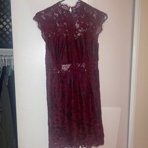 Maroon, laced dress.